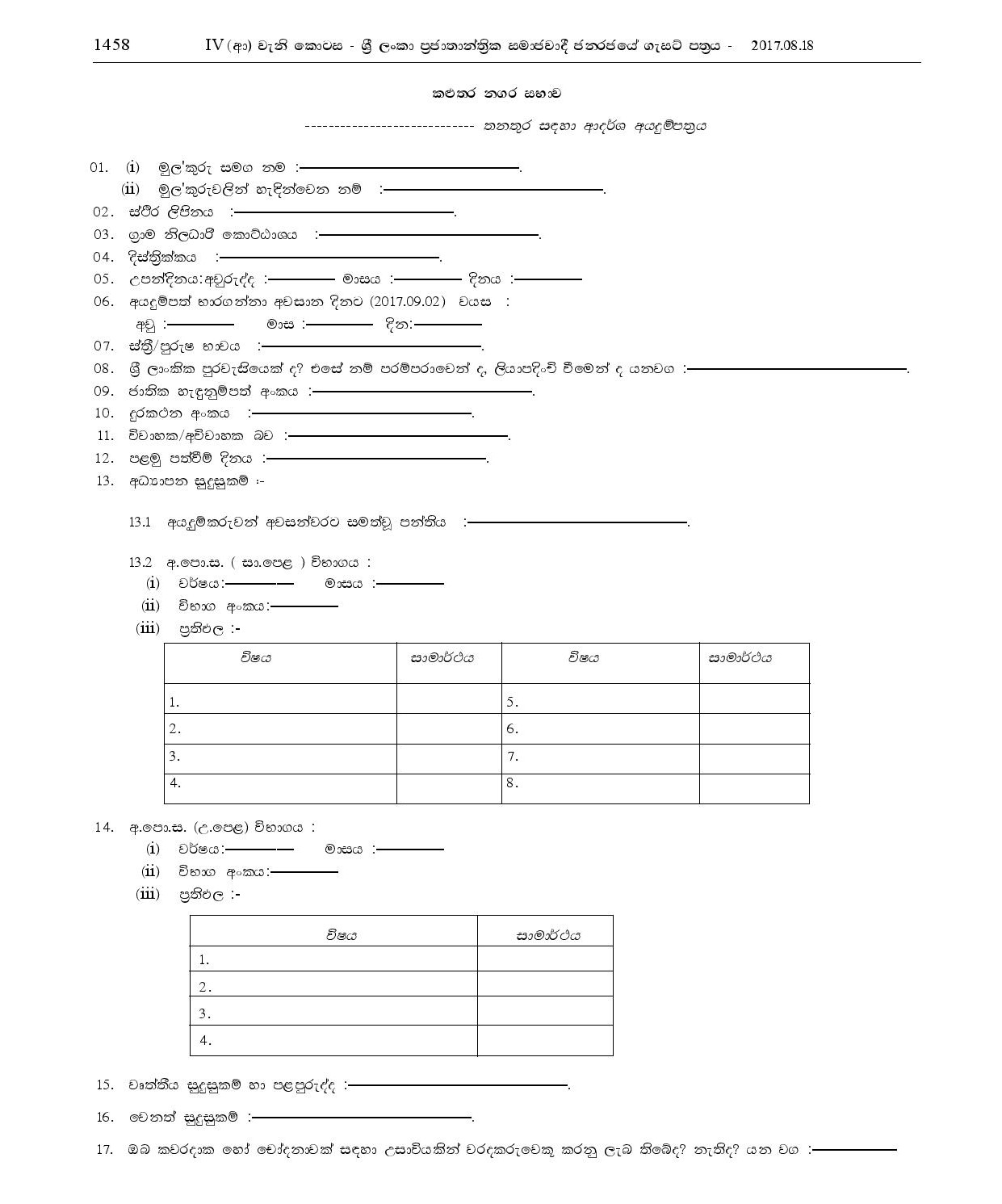 Office Assistant, Driver, Electrician, Work / Field Labourer, Sanitary Labourer - Kalutara Urban Council